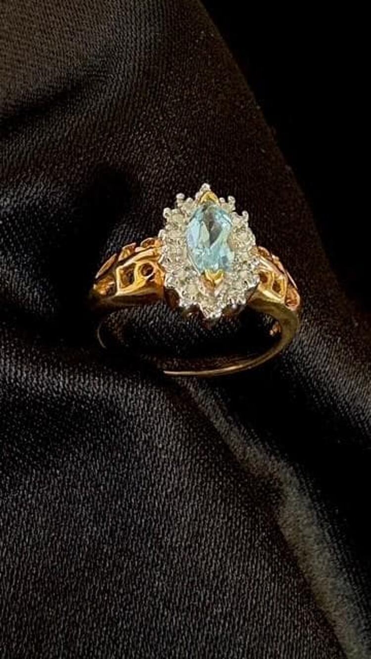 Vintage Marquise Halo Ring, Gold Tone Scrollwork Band, Blue Topaz Style Size 5